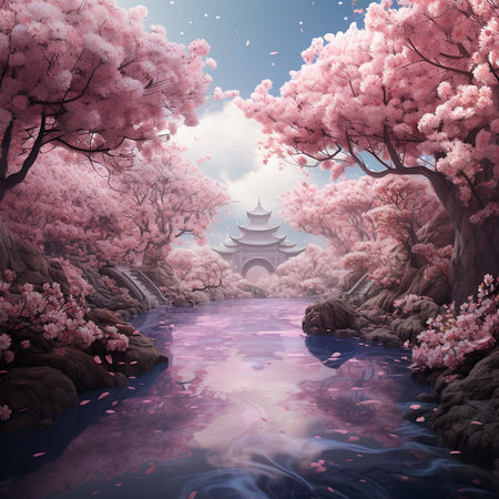 Cherry blossom landscape with pagoda in spring, 3D renderの素材