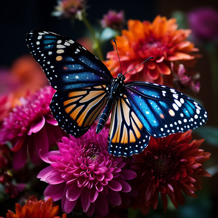 Beautiful butterfly on a flower. Colorful background of flowers.の素材