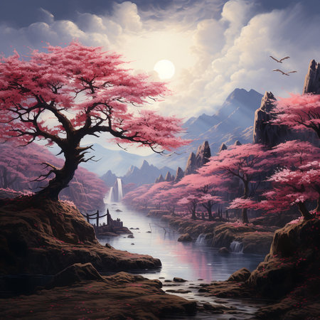 Fantasy landscape with a lake and a Japanese shrine.の素材