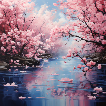 cherry blossom in spring season with water reflection on the lakeの素材