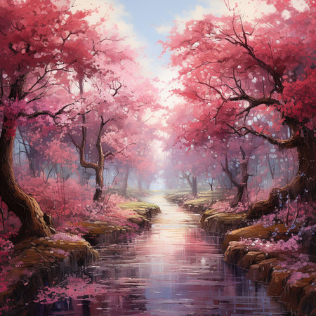 Beautiful spring landscape with blooming trees in the forest. Digital painting.の素材