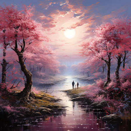 Beautiful landscape with lake and forest at sunset. Digital painting.の素材