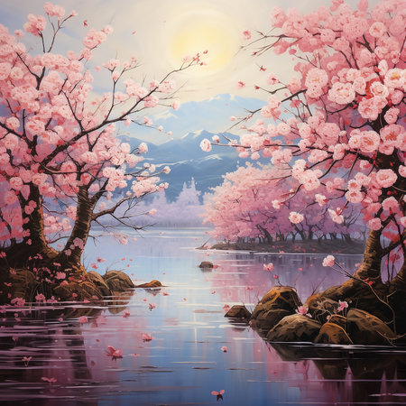 Cherry blossom and lake in spring time. Digital painting.の素材