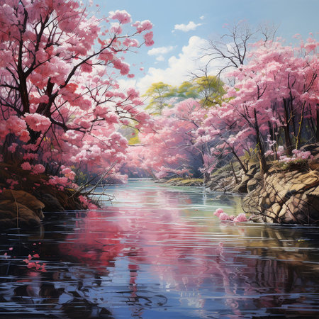 Cherry blossom in spring season with water reflection and sky backgroundの素材