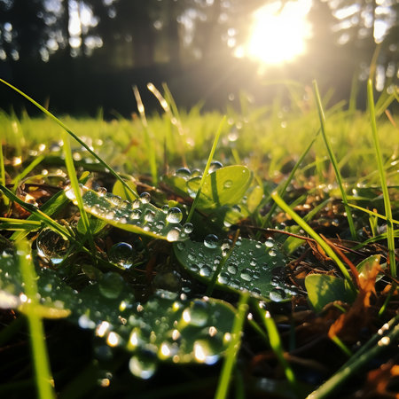 Morning dew on the grass in the forest. Shallow depth of field.の素材