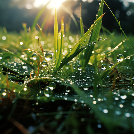 Dew drops on the grass in the morning. Nature background.の素材
