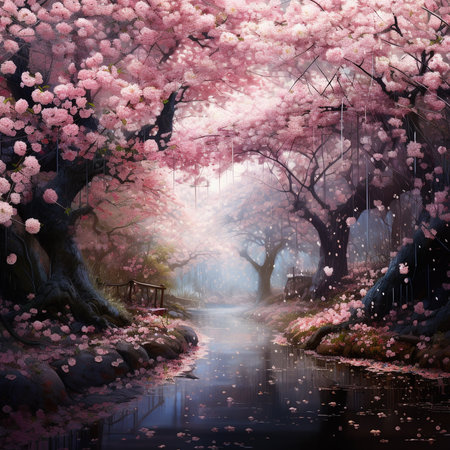 cherry blossom in the forest, digital painting and color effectの素材