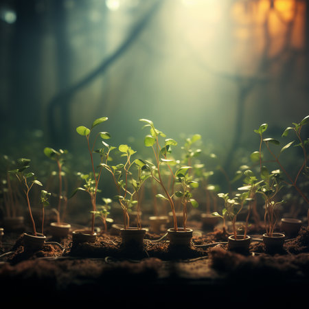 Sprout in the morning fog. Sprouting seedlings. Ecology concept.の素材