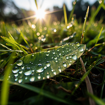 Water drops on green grass with sun rays and lens flare. Natural background.の素材