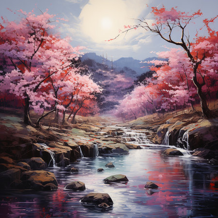 Beautiful spring landscape with river, forest and mountains. Digital painting.の素材