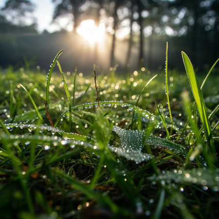 Morning dew on the grass in the forest. Shallow depth of field.の素材