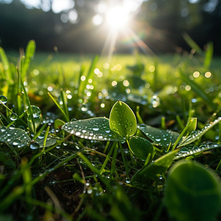 Morning dew on the green grass. Shallow depth of field.の素材