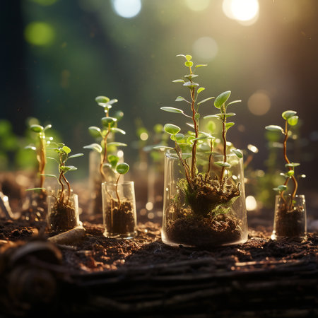 Plant seedlings in glass flasks with soil on blurred backgroundの素材