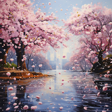 Cherry blossom in the park, spring season. Digital paintingの素材