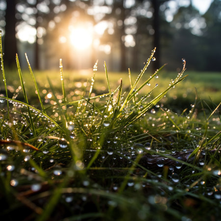 Morning dew on the green grass in the forest. Shallow depth of fieldの素材