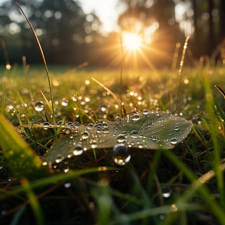 Morning dew on a grass blade with sun rays in the backgroundの素材