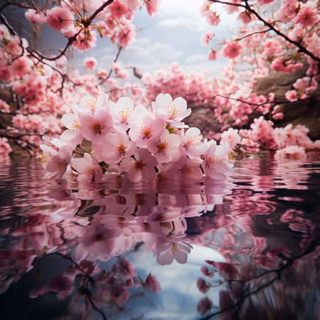 cherry blossom in spring with reflection on water, retro tonedの素材