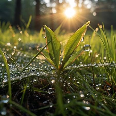 Morning dew on the grass in the forest. Shallow depth of field.の素材