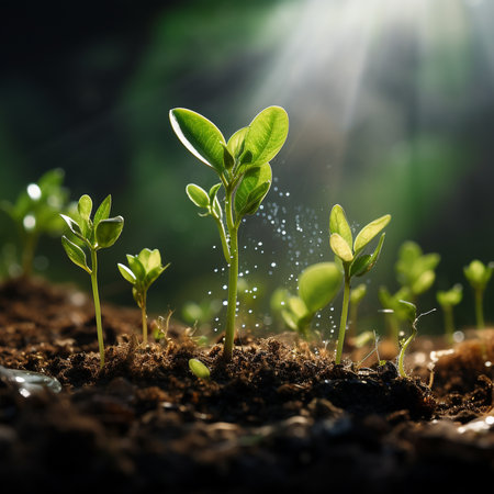 Close up of green seedling illustrating concept of new life and developmentの素材