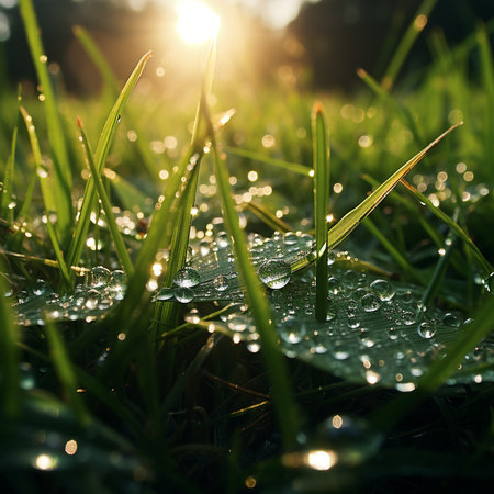 Dew drops on green grass with sunlight in the morning. Nature backgroundの素材