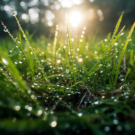 Dew drops on the green grass in the morning sun rays.の素材