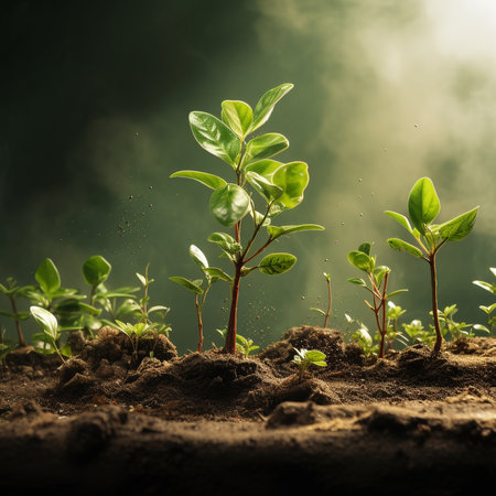 Young green plant growing in soil on dark background. Ecology concept.の素材
