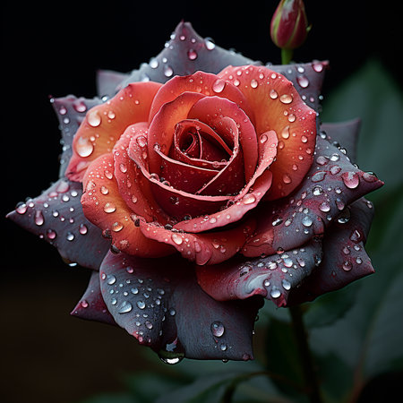 Beautiful red rose with dew drops on a black background.の素材