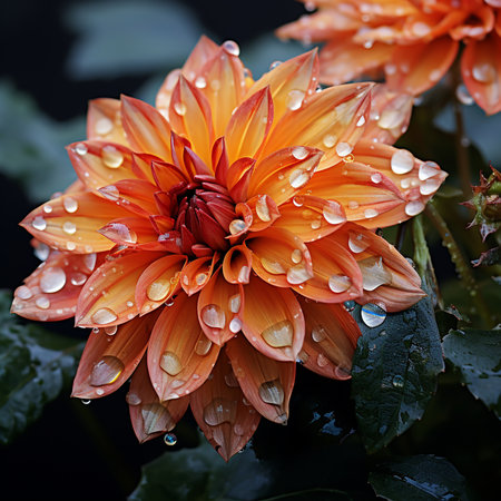 Beautiful orange dahlia flower with water drops on petalsの素材