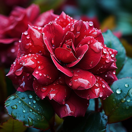 Beautiful red rose with dew drops after rain. Close up.の素材