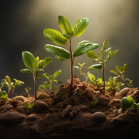 Green seedling growing in soil on dark background. New life conceptの素材