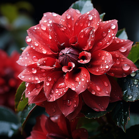 Beautiful red dahlia with water drops on the petalsの素材