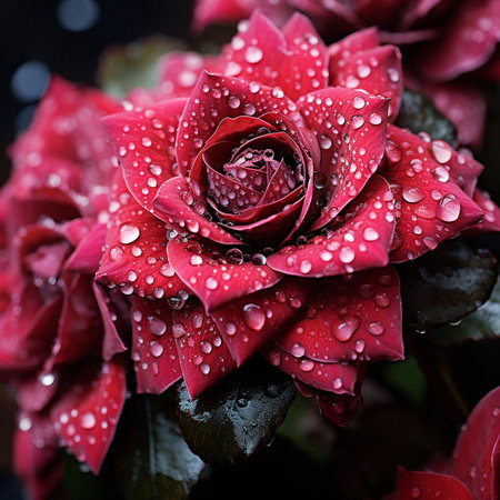 Beautiful red rose with dew drops on the petals.の素材