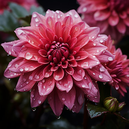 Close up of pink dahlia flower with water drops on petalsの素材