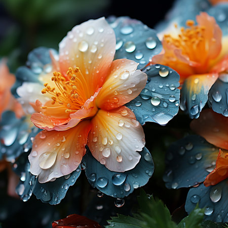 Close up of beautiful begonia flowers with dew drops after rainの素材