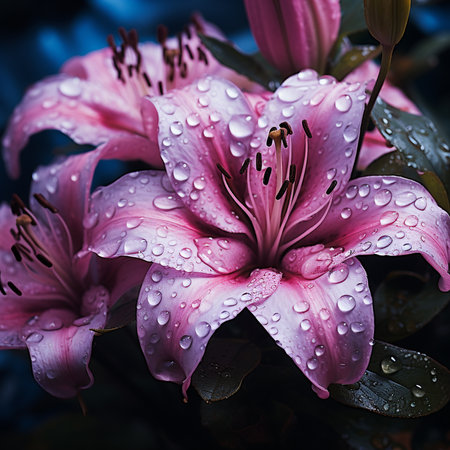 Beautiful pink lily flowers with raindrops on petals.の素材