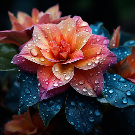 Beautiful red and orange dahlia flower with water drops after rainの素材