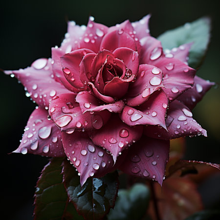 Beautiful pink rose with dew drops on petals close upの素材