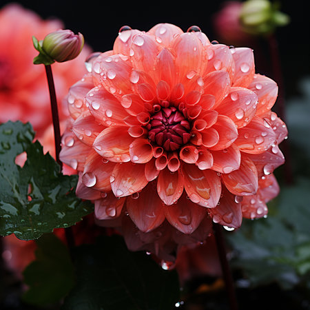 Beautiful red dahlia flower with water drops after rain.の素材