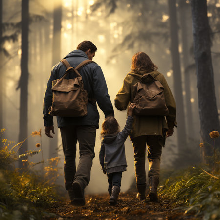 Back view of a family walking in the autumn forest with backpacksの素材