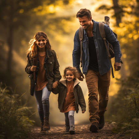 Happy family walking in the autumn forest. Father, mother and daughter hiking together.の素材