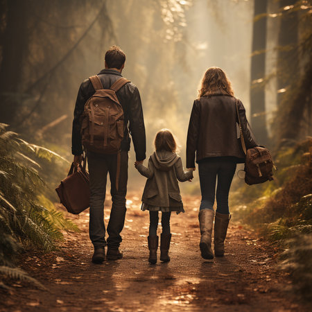 Back view of a young family walking on a path in the forestの素材