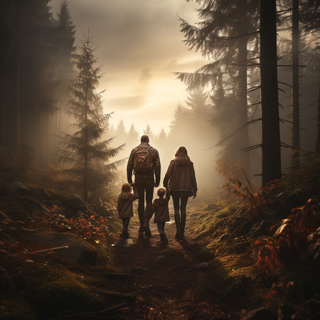 Family with two kids hiking in autumn forest. Father, mother and son walking in the forest.の素材