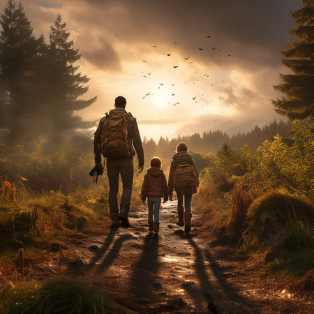Father and children hiking in the autumn forest. The concept of a healthy lifestyle.の素材