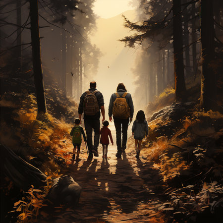 Family walking in the forest with backpacks and backpacks. Digital paintingの素材