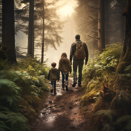 Father and two children walking in the forest at sunset. Happy family walking in the forest.の素材