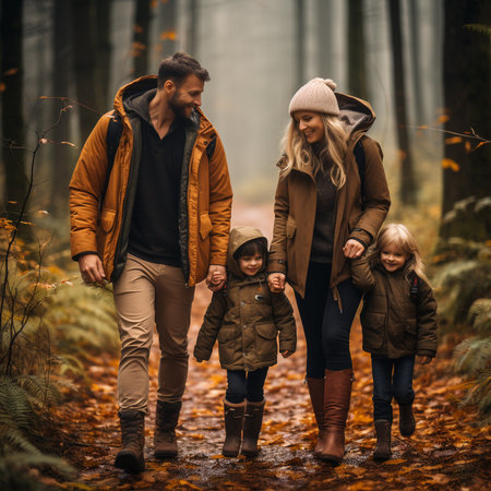 Happy family walking in the autumn forest. Father, mother and children walking in the forest.の素材