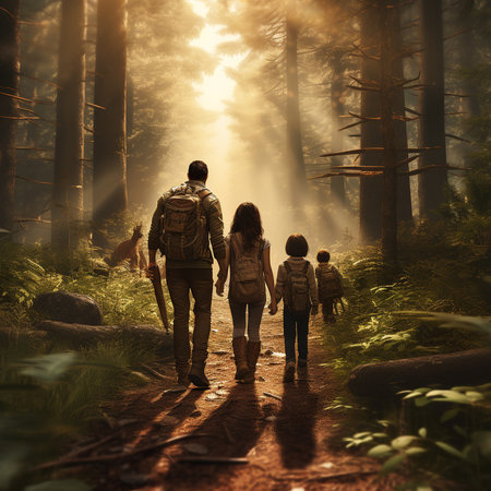 Family walking in the forest at sunset. Back view. Travel concept.の素材