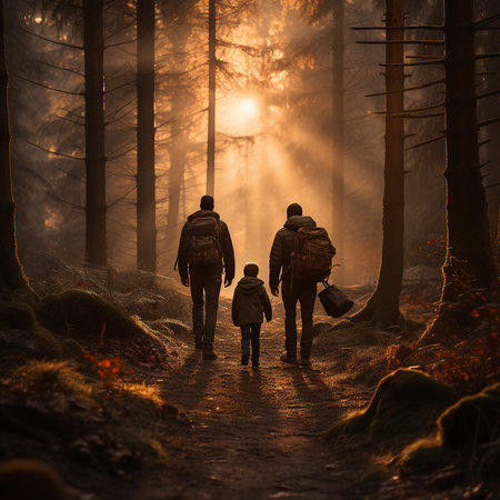 Silhouette of a family walking in the forest with backpacksの素材
