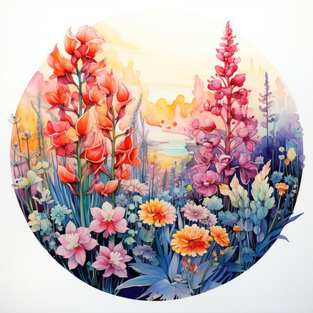 Beautiful watercolor illustration of lupine flowers in the circle.の素材