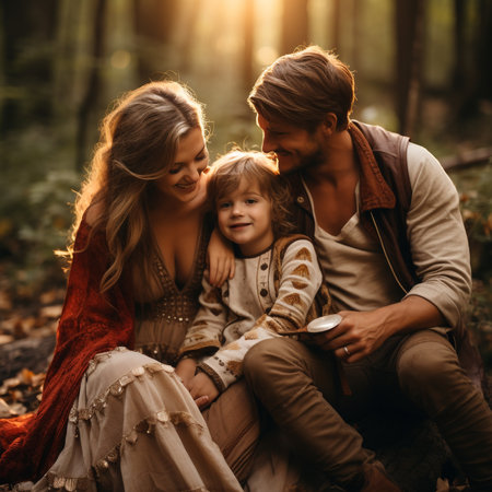 Happy family sitting in the autumn forest. Father, mother and daughter.の素材